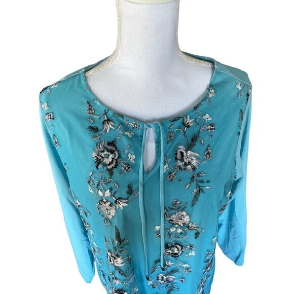 Skye's The Limit Top Blouse Plus S 1X Blue Mesh Floral Embroidery Long Sleeve - Picture 4 of 10